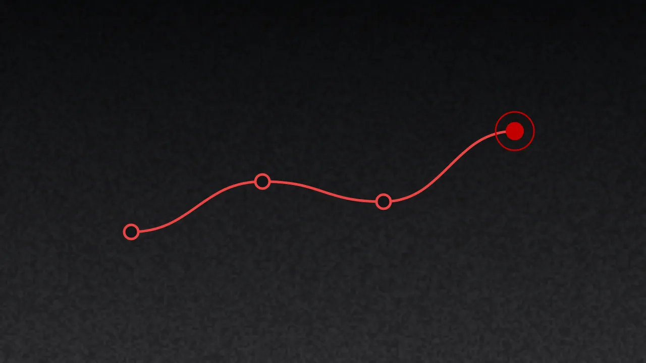 A red path through three events, ending at a highlighted point