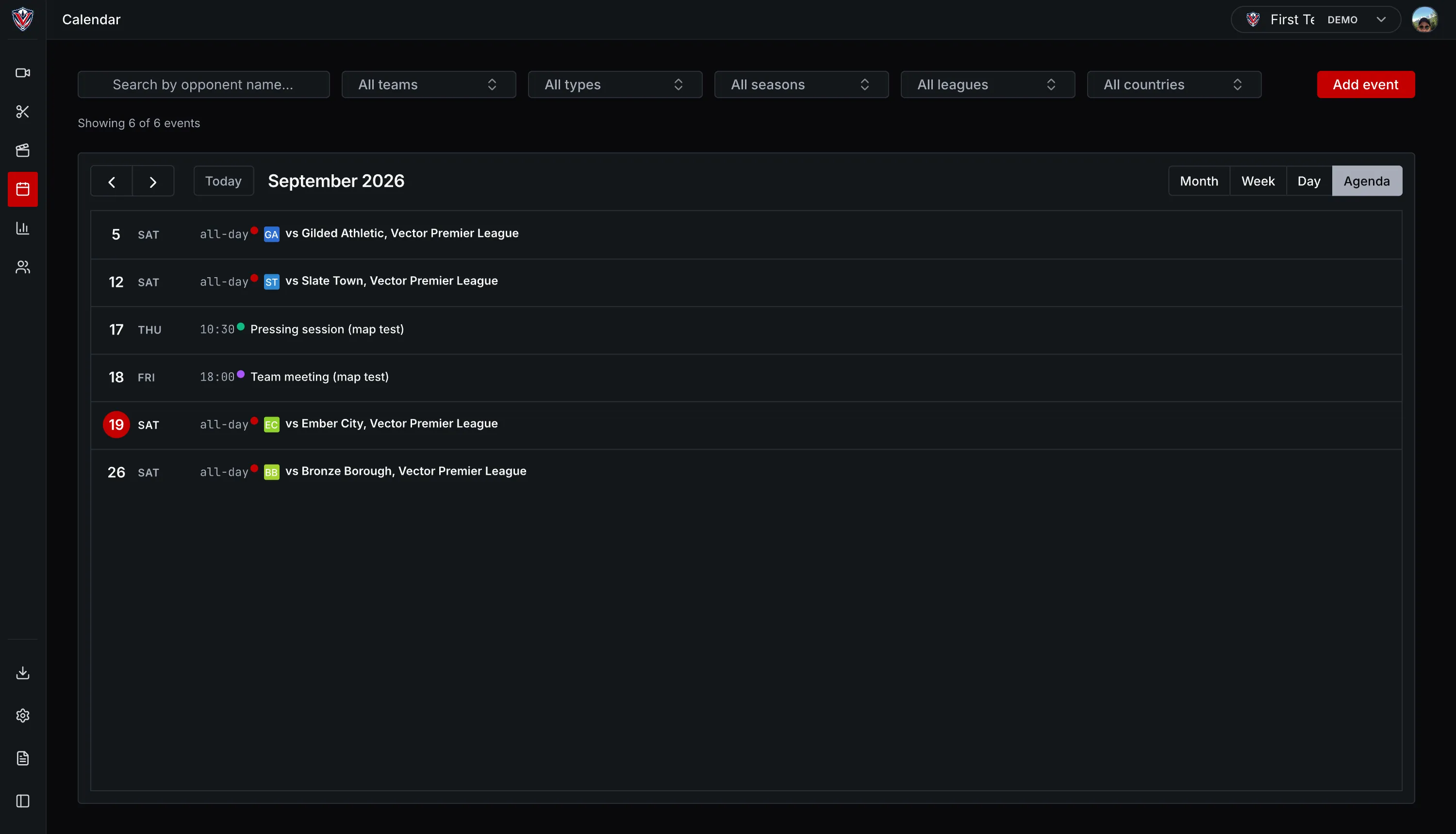 The VectorPitch season calendar
