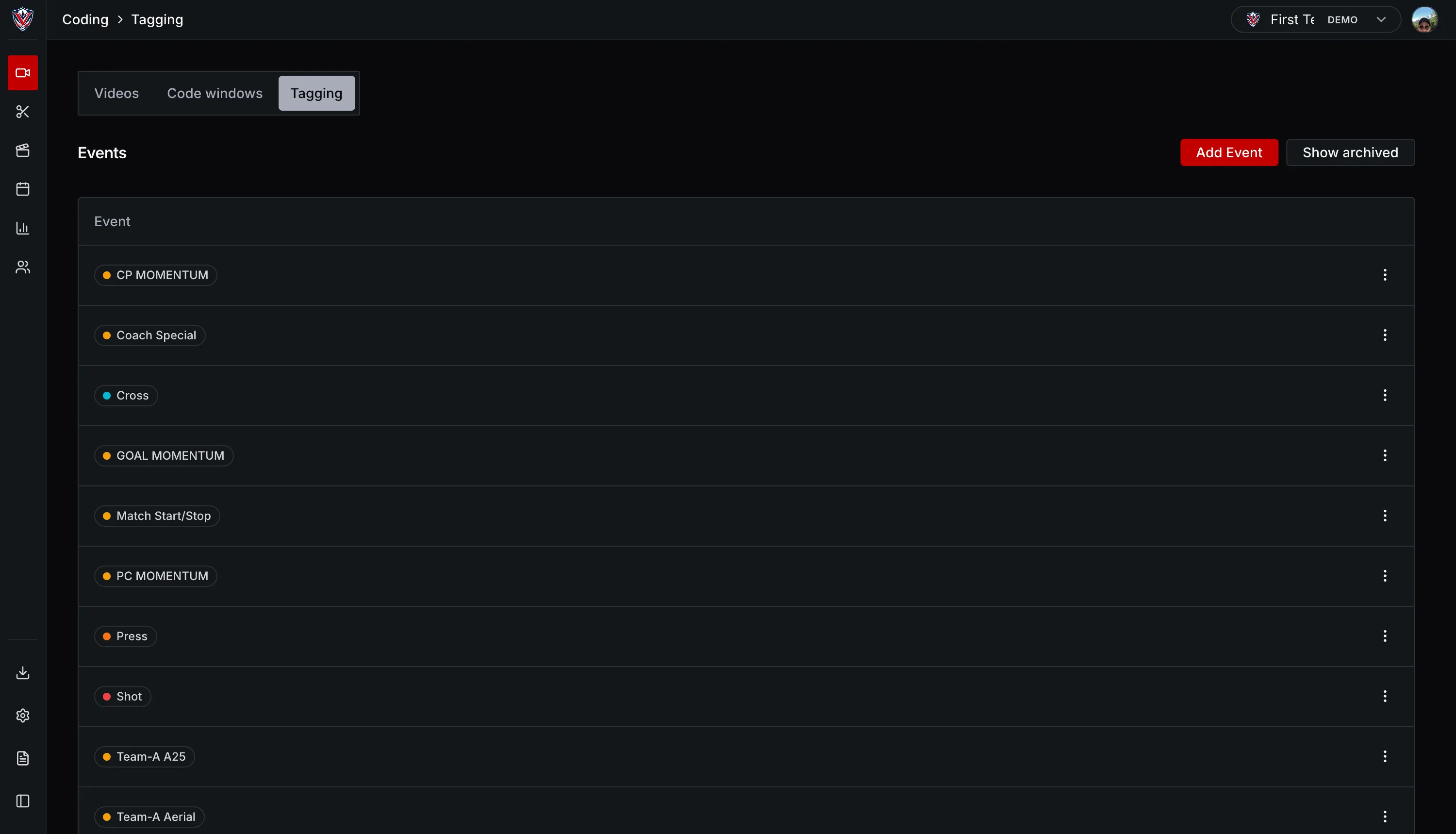 The club event list in VectorPitch, shared by every code window in the organisation