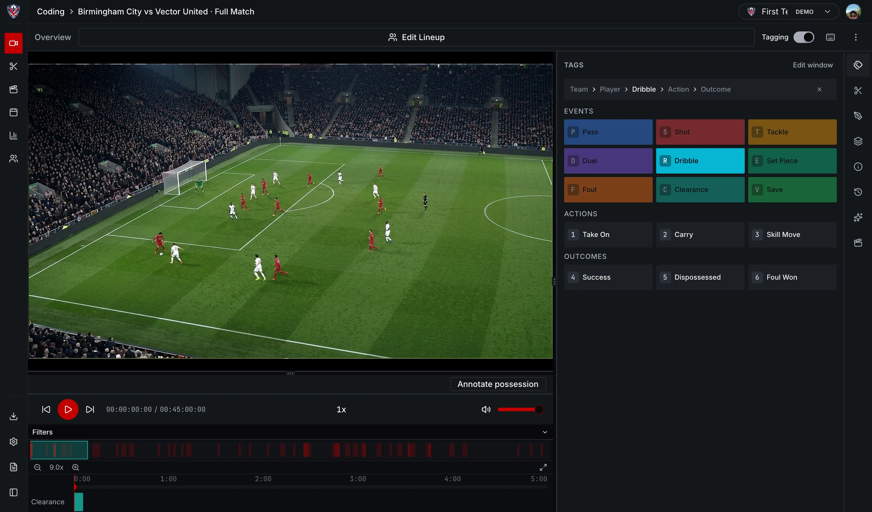 The VectorPitch editor with a match playing, the tagging panel open on its event, action and outcome buttons, and the tagged timeline below