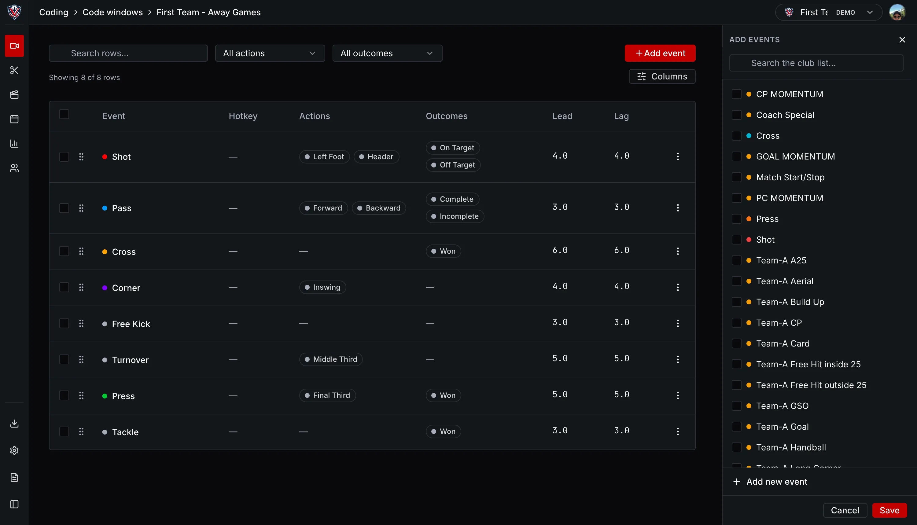 One code window in VectorPitch, its events listed with hotkey, actions and outcomes