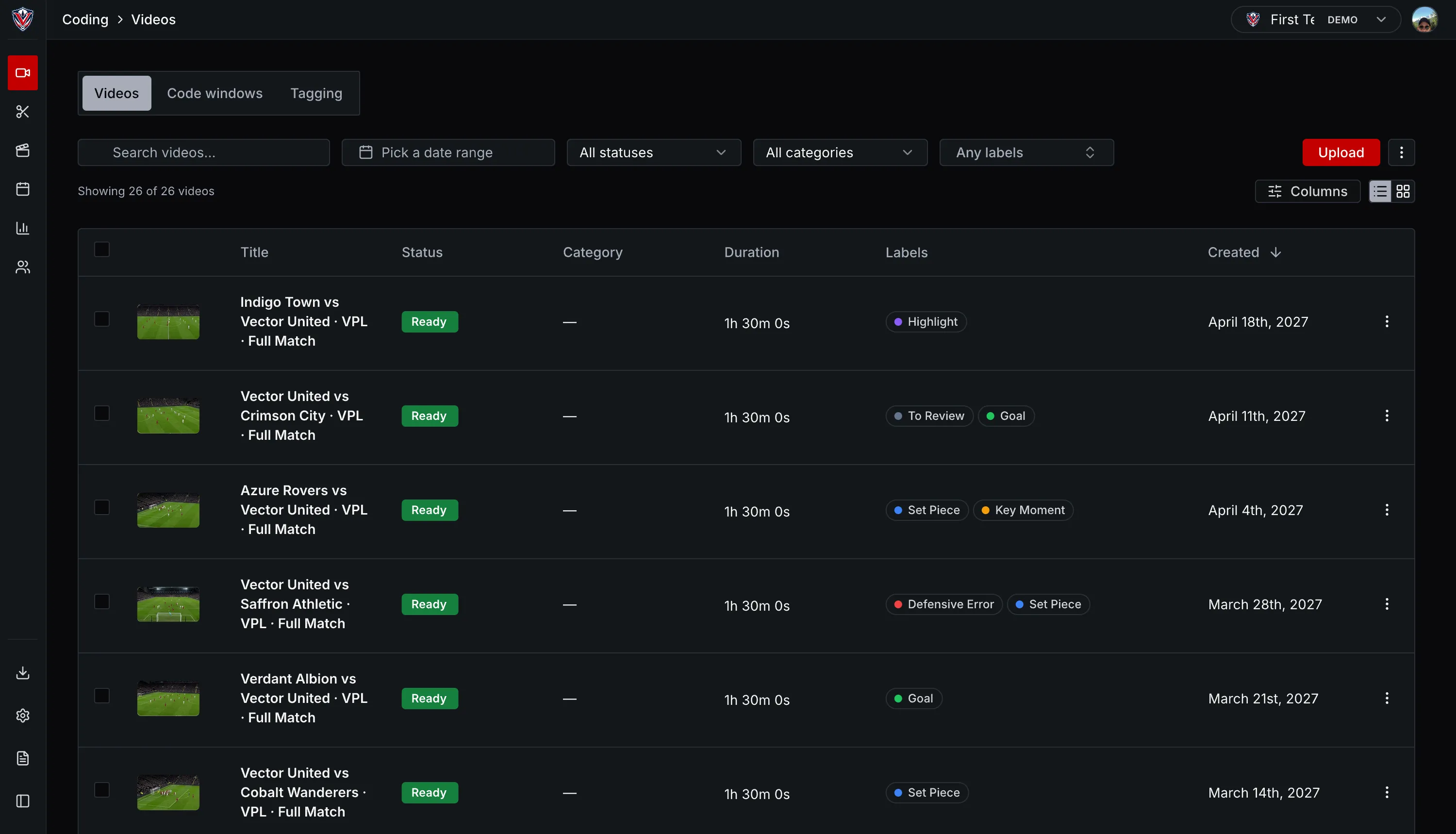 The video list in VectorPitch, each match with its status, duration, labels and upload date