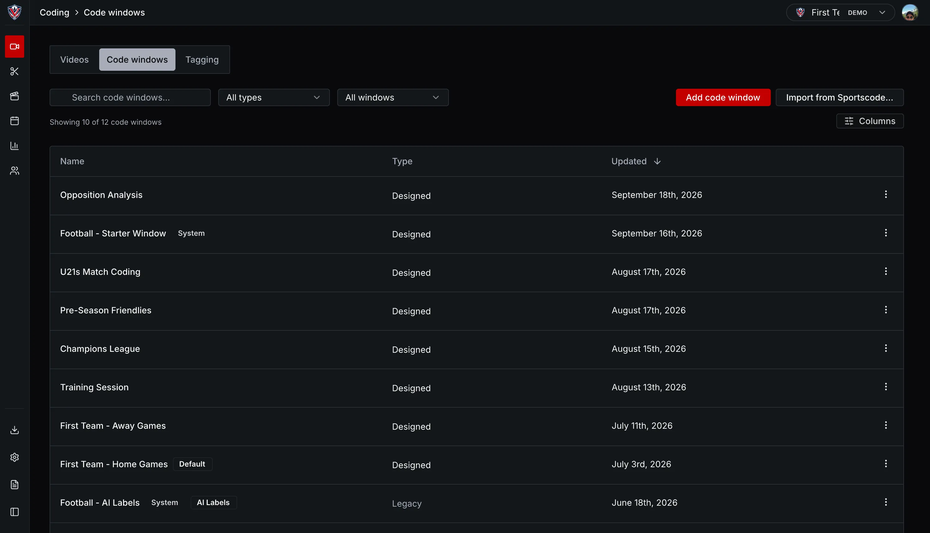 The code windows list in VectorPitch, each one named, typed and dated