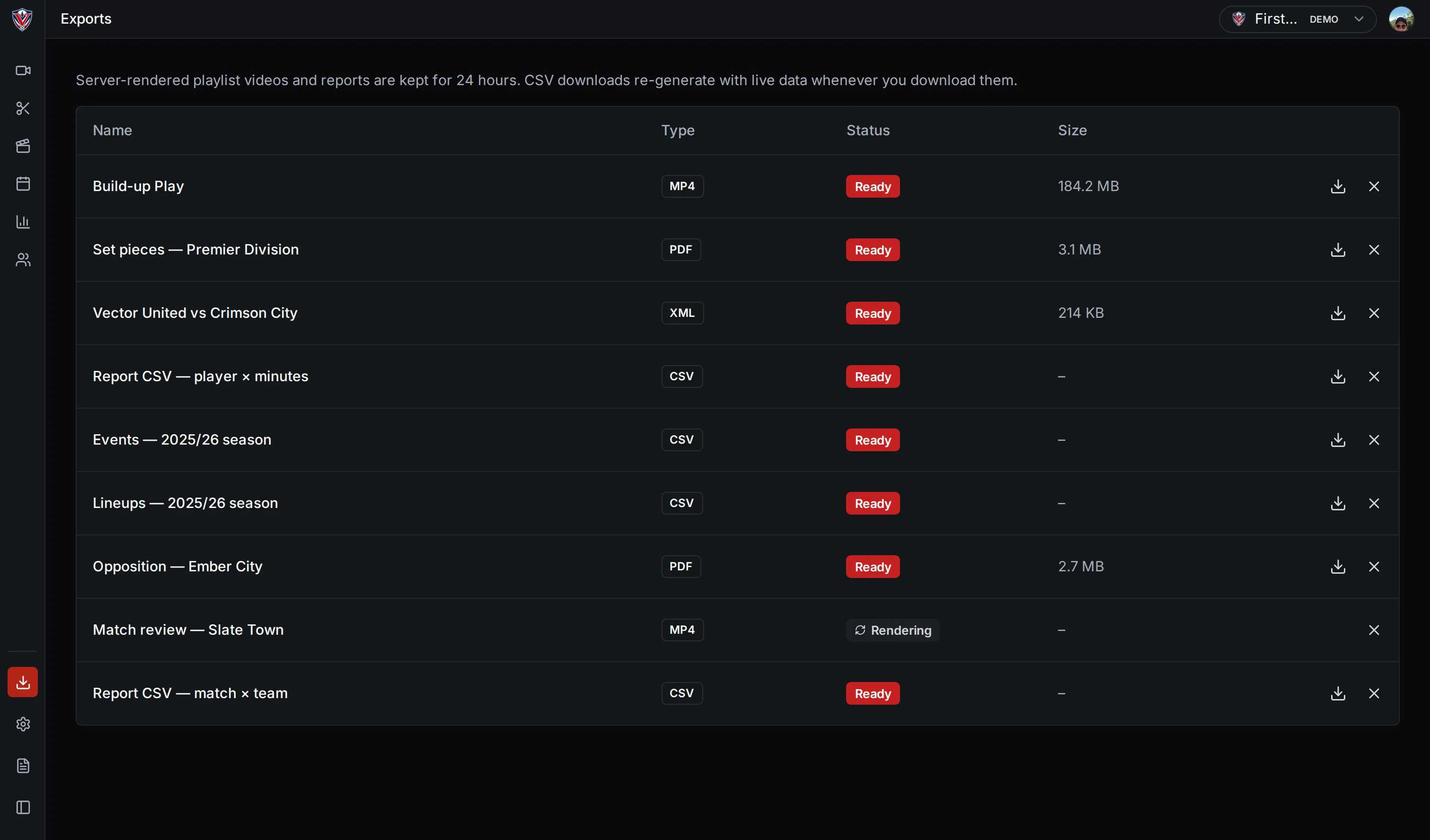 The VectorPitch exports screen