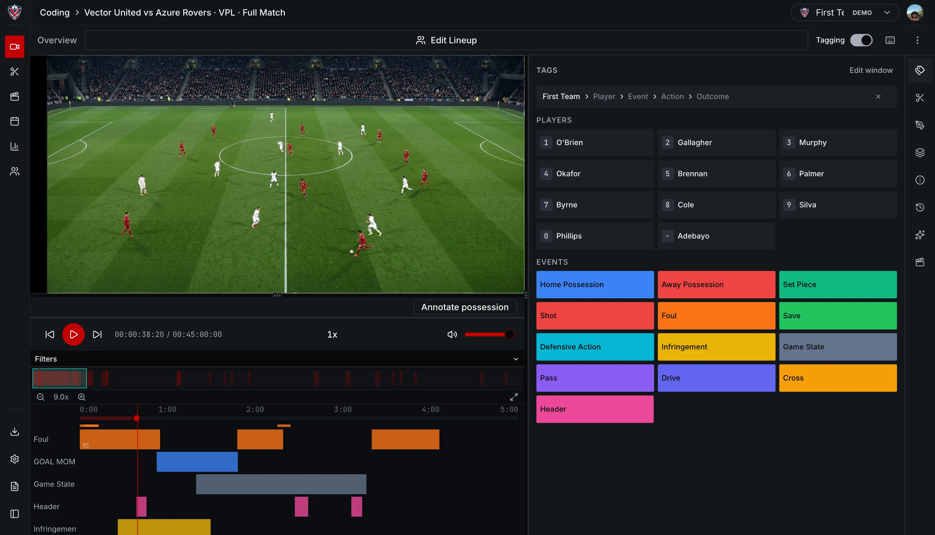 A match open in the VectorPitch editor, with the video, the code window and the timeline