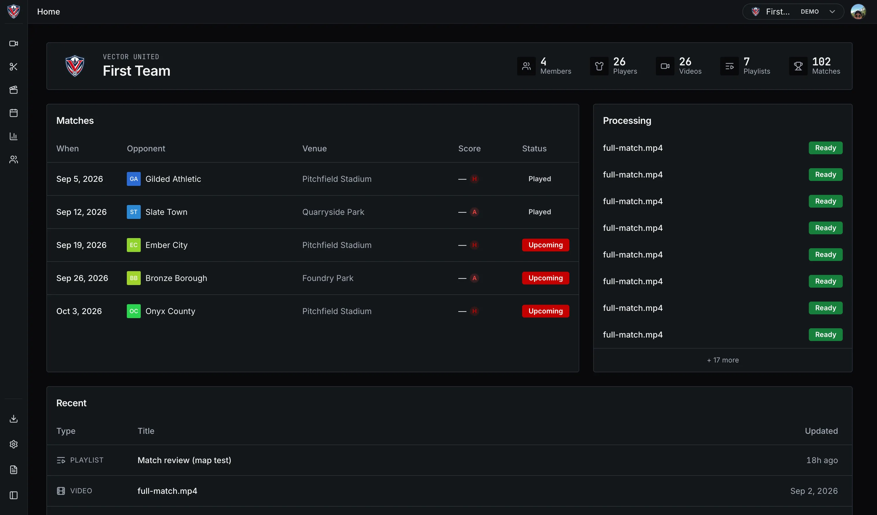 The VectorPitch home screen, with upcoming matches, recent videos and uploads