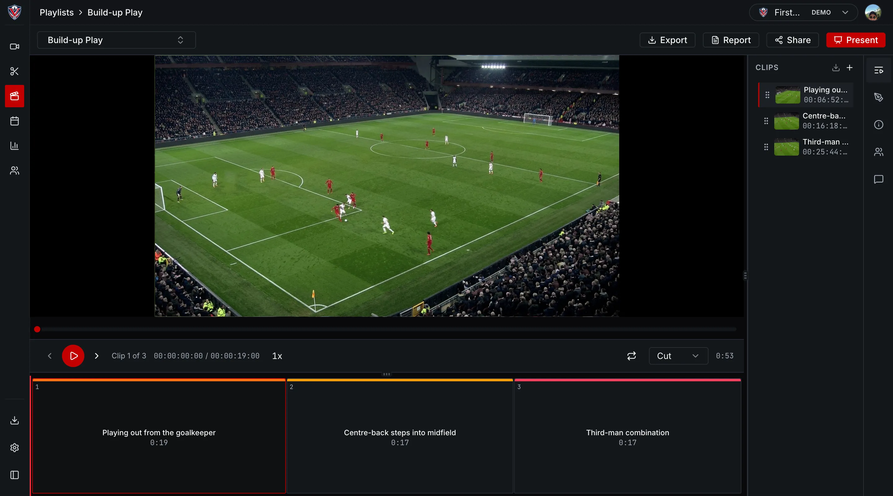 A playlist of three clips in VectorPitch, with export, report, share and present controls