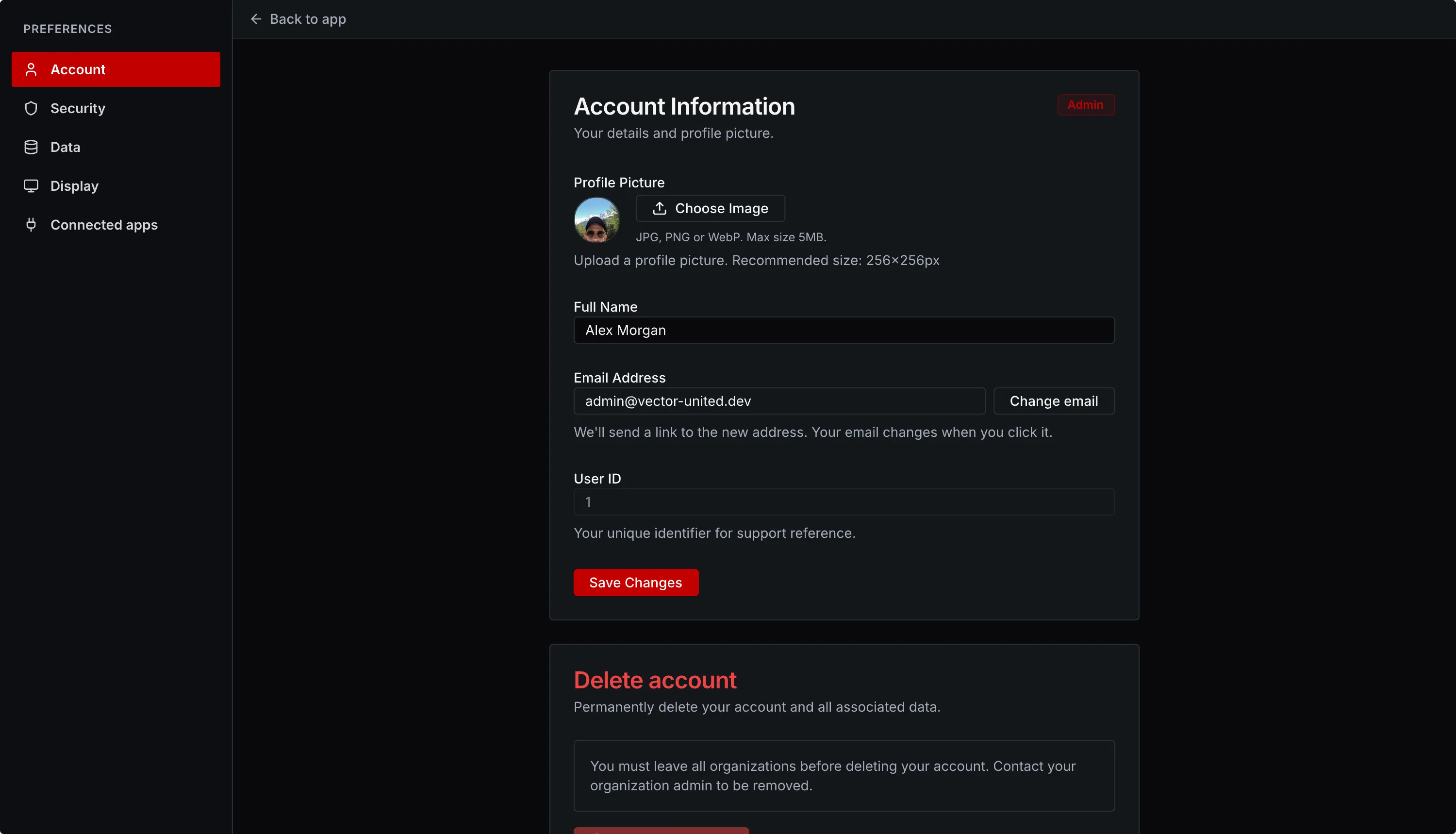 The VectorPitch organisation settings