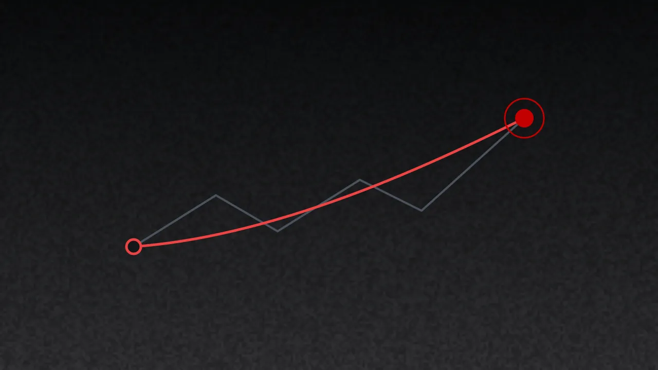 A winding grey route beside a direct red route to the same point